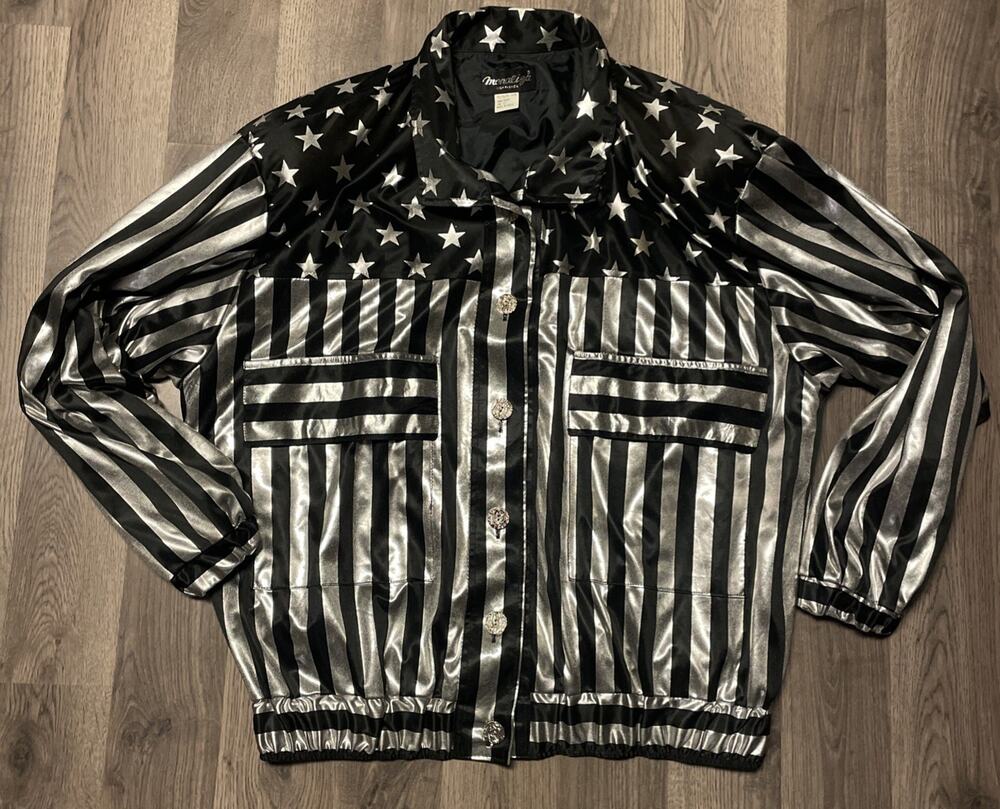 Vintage Monaliza Metallic Silver Stars Stripes Bomber Jacket Shoulder Pads 80s